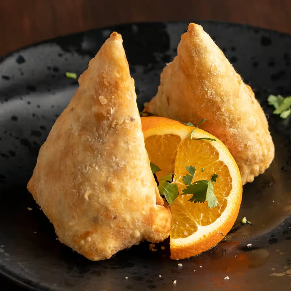 Two golden-brown samosas with an orange slice and cilantro on a dark plate.