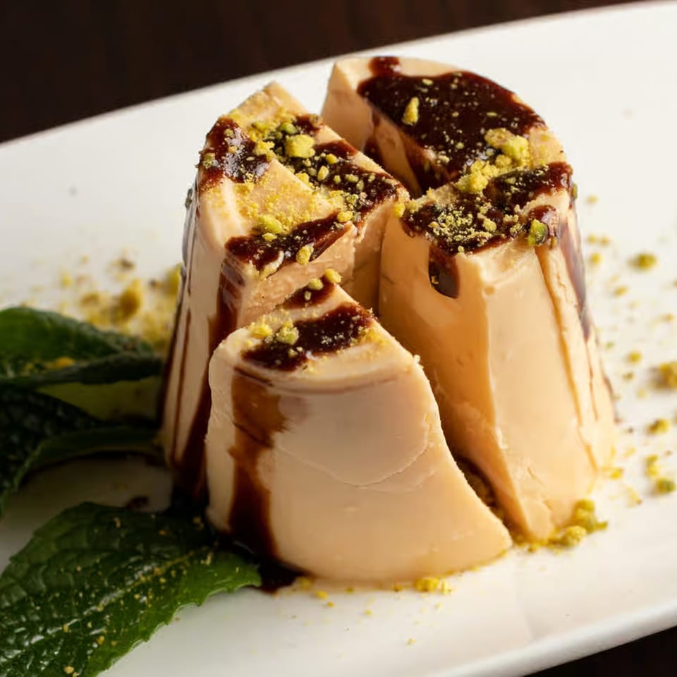 Indian dessert cut into wedges, drizzled with chocolate sauce, and sprinkled with pistachios.